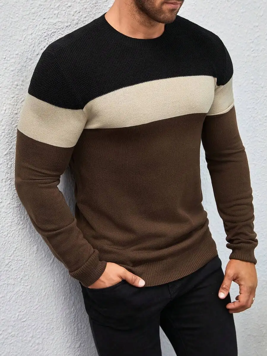 

Men's Color Block Knit Sweater, Casual Long Sleeve Top for Daily Wear