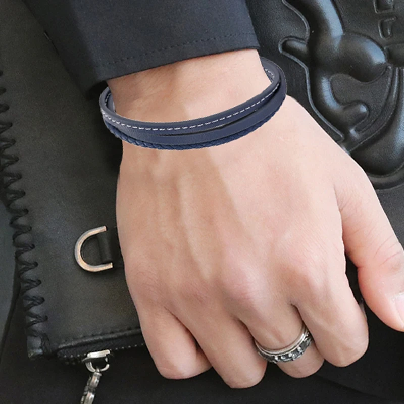 Fashion Blue Leather Bracelets Men Boys Stainless Steel Clasp Multilayer Braided Rope Bracelet for Male Female Bracelets Jewelry