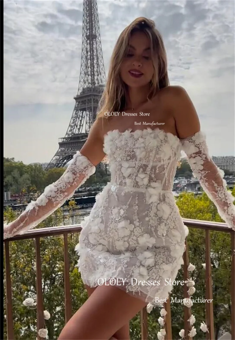 OLOEY-Robe de Mariée Courte en Dentelle Complète de Rotterdam, Fleurs 3D, Mini, Gants, Sans Bretelles, Corset au Dos, Jardin, Bal, 2024