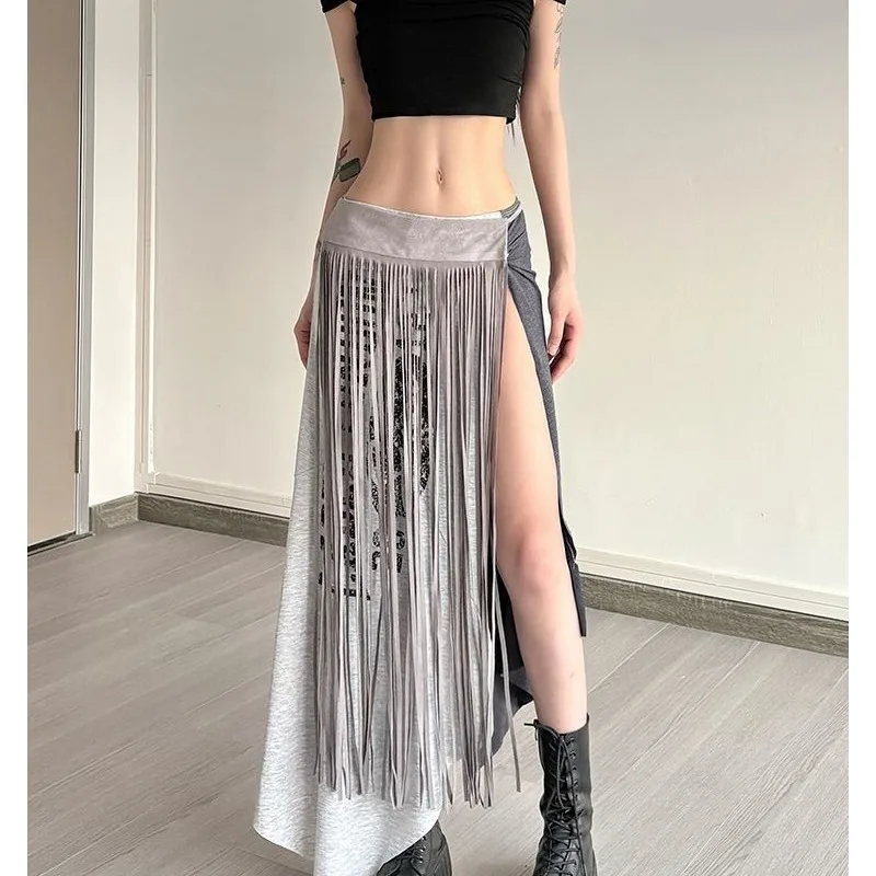 

Asymmetric Knee-Length Printed Half Skirt Women's Sweet Spicy American Retro Color Block Split Sexy Long Dress