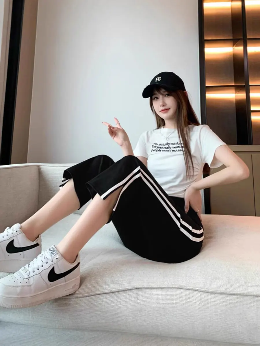 Spodnie do jogi z wysokim stanem, długość 7/8, dla uczniów szkół średnich i wyższych, cienkie, letnie, sportowe, z rozcięciem, typu bell bottom, nylonowa warstwa bazowa P...