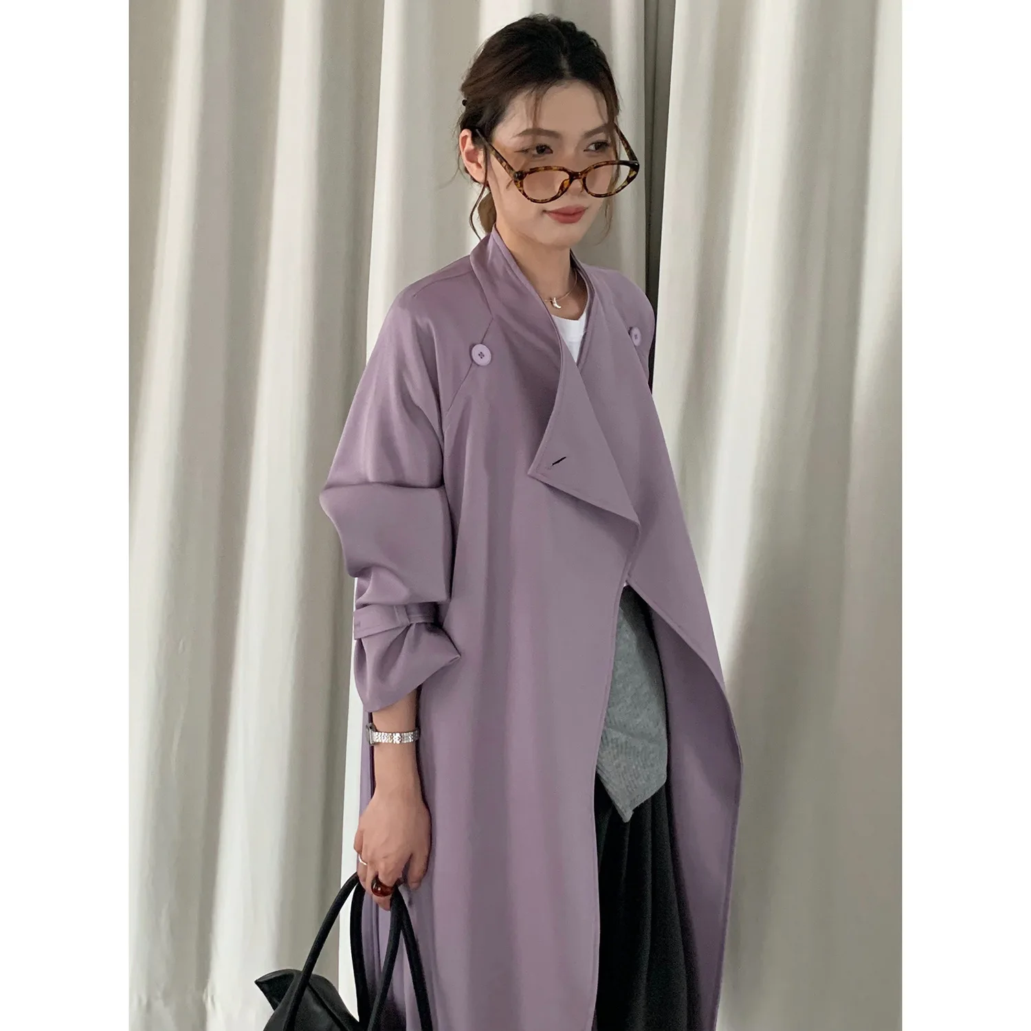 2026 New Women Autumn Long Trench Coat Elegant Wide Laple Purple Color Casual Trench Coat Femme Casaco Abrigo Streetwear