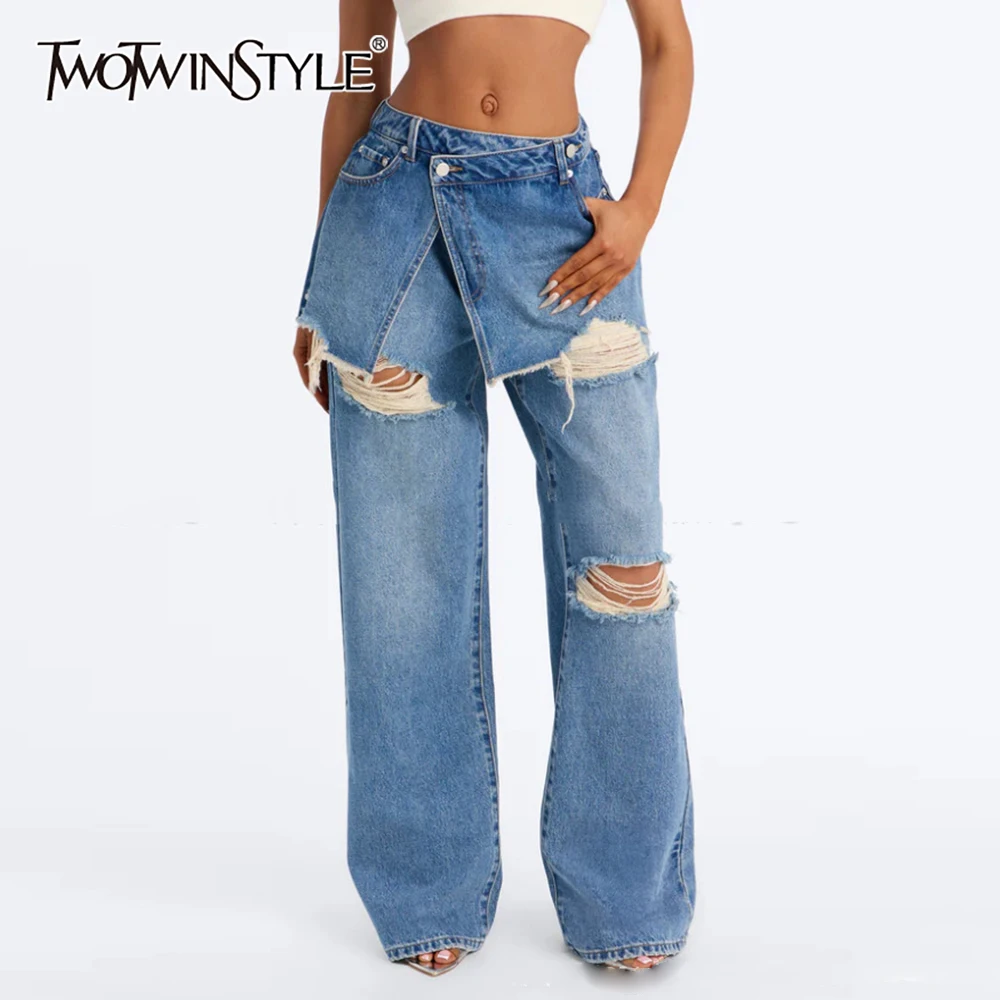 TWOTWINSTYLE Streetwear Wrap Skirt Panel Ripped Jeans for Women Raw Edge Distressed Hole Wide Leg Denim Pants for Daily Casual