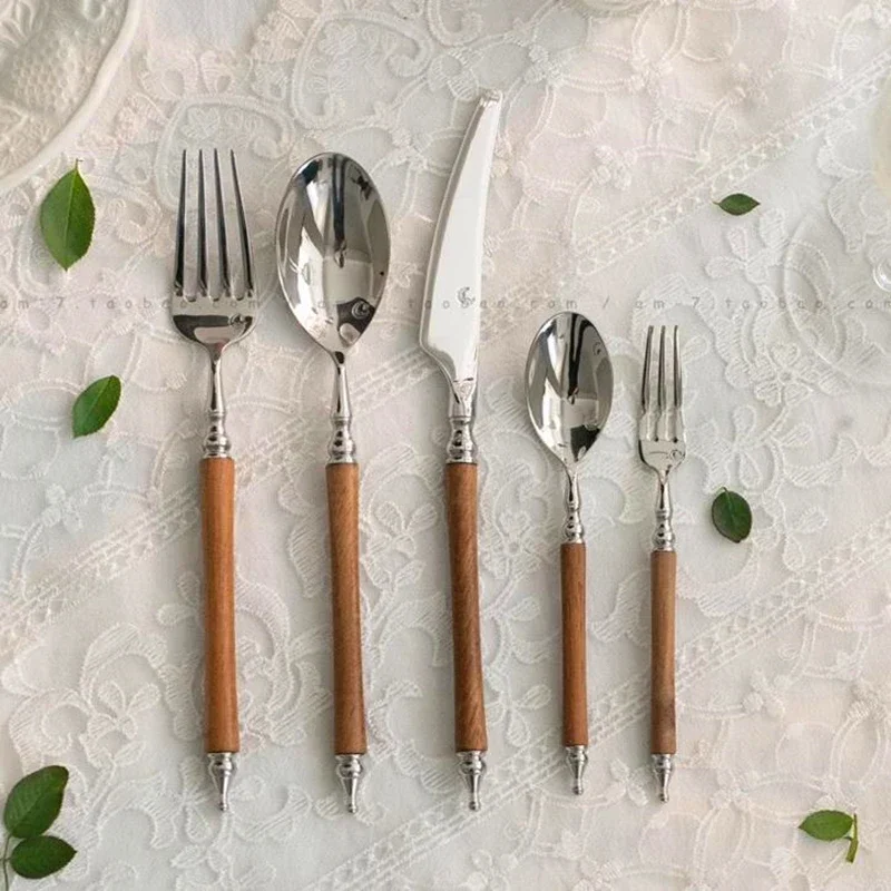 OUT OF STOCK!!!   Super Quality 18/10 Stainless Steel Knife Fork Party Cutlery Set Silver Dinnerware Set Nature Wooden Handle