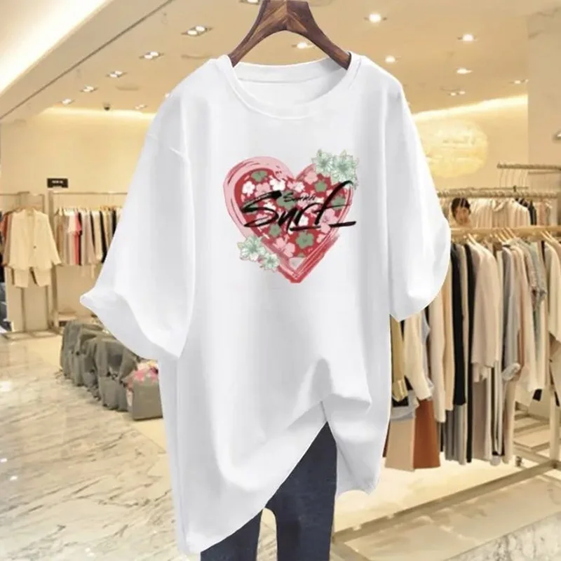 Économie College d'amour peints à la main pour femmes, style chinois d'été, pur coton, manches courtes, haut basique, t-shirt, pulls décontractés, mode