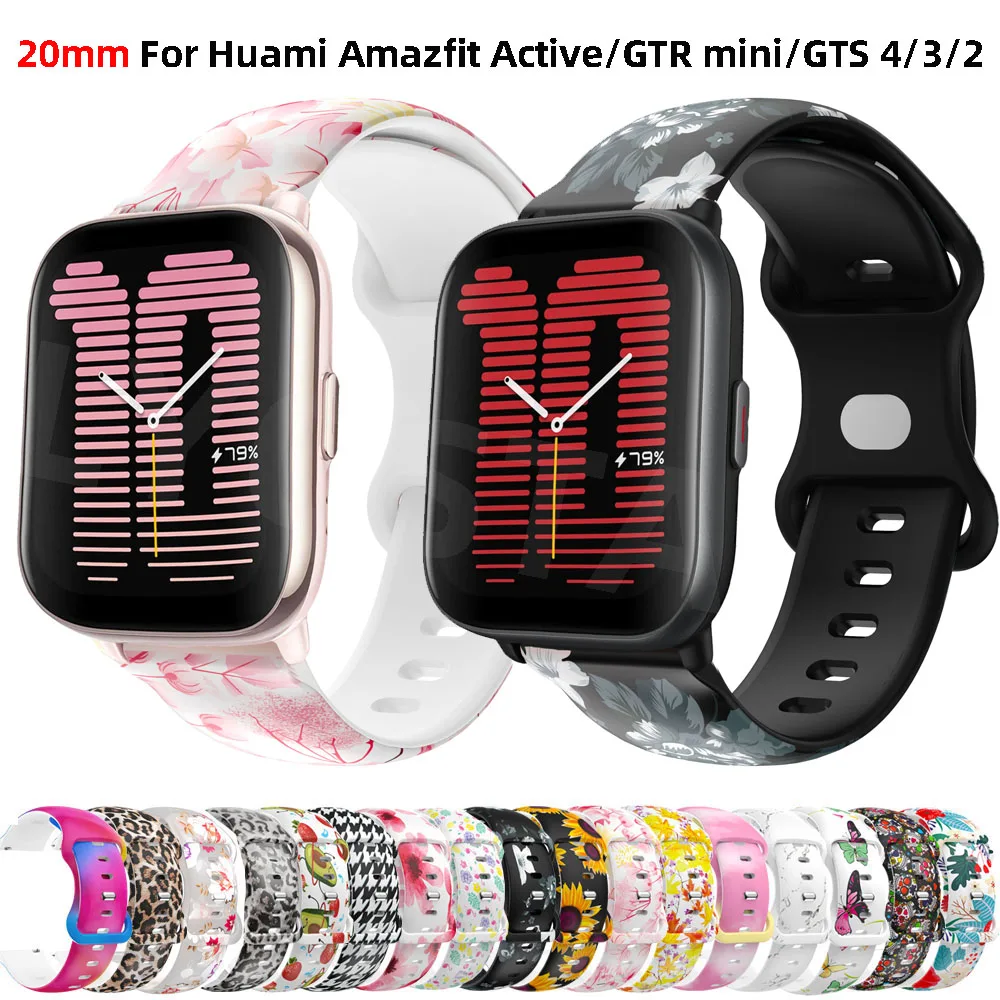20mm Printing Watchband For Amazfit Active Bip 3/U Pro Strap Silicone Wristband Bracelet for Huami Amazfit GTS 4 2 2e 3/GTR Mini