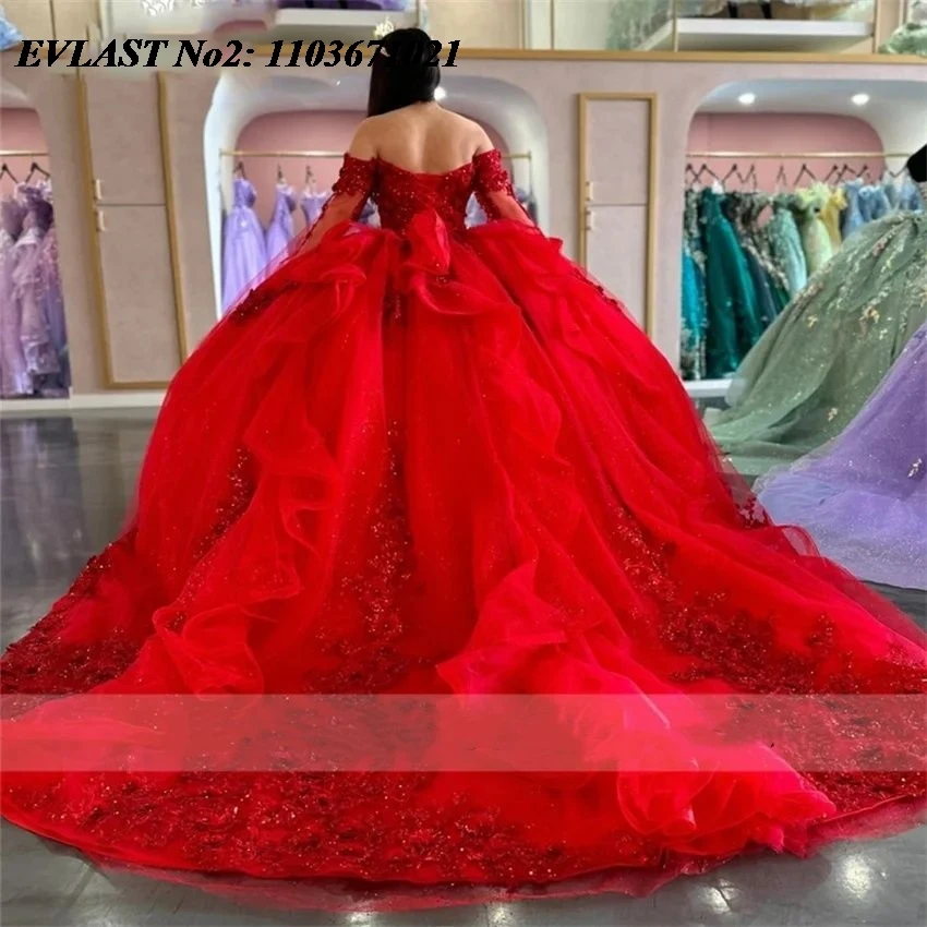 EVLAST 맞춤형 글리터 레드 퀸세아네라 드레스 3D 플로럴 레이스 아플리케 비딩 러플 파티 스위트 16 베스티도스 15 아노스 E2QA103