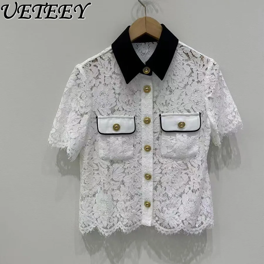

Summer New Lapel Pocket Short-sleeved Shirt Versatile Sweet Beautiful Women Short Hollow Lace Blouse New Single Breasted Tops