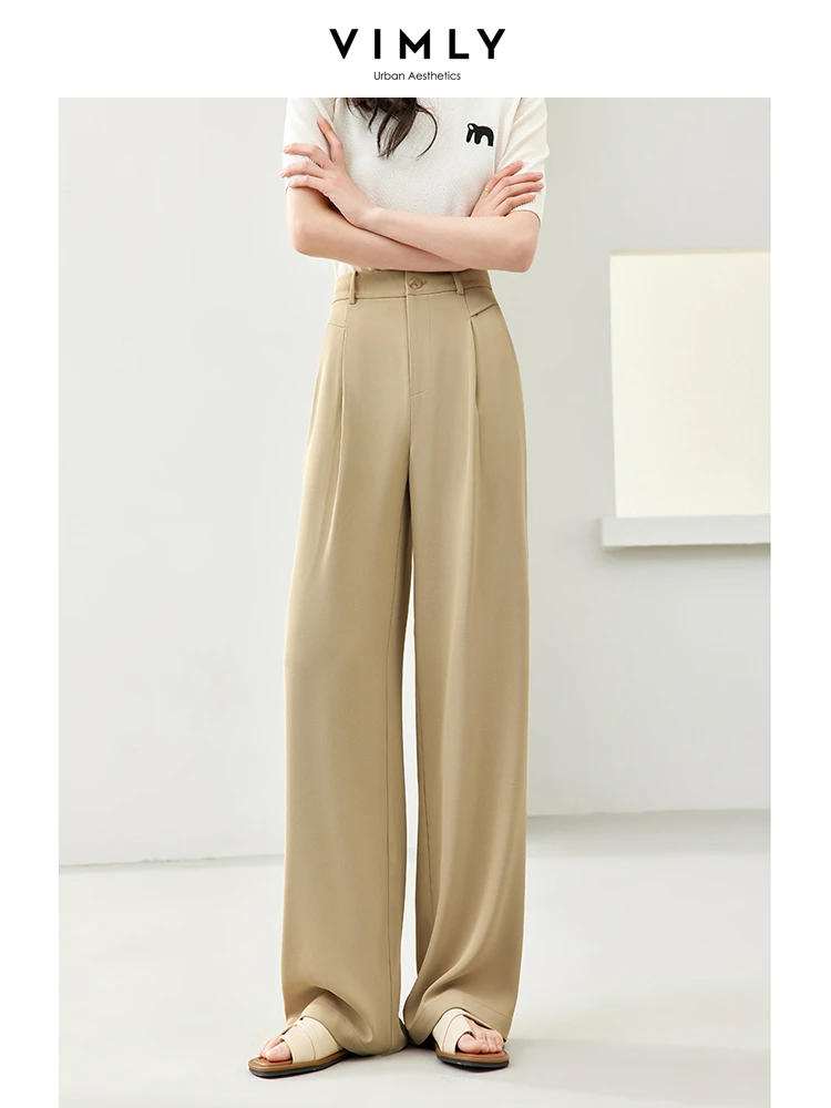 Vimly Khaki Casual Wide Leg Suit Pant Women 2024 Summer New Simple Straight Loose Trousers Simple Full Length Dress Pants M7019