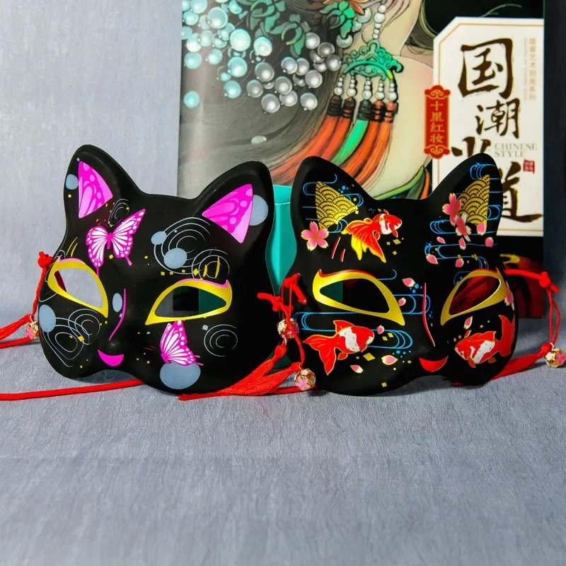 Estilo japonês gato máscara facial completa, plástico animal cosplay trajes, maquiagem decorativa, acessórios adereços, preto