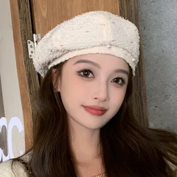 Light Luxury Pearl Flower Line Beret Women Autumn Winter New Beanie Adjustable foreign-style Ageing Painter Hundred Bud Cap