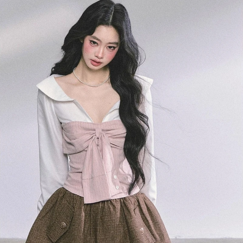 

Pink Striped Women Shirts Elegant Lace Up Long Sleeve Two-piece Blouses Sweet Korean Fashion Slim Preppy Casual