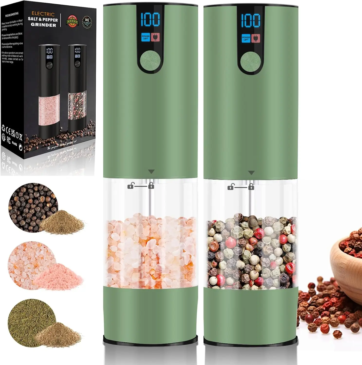 Electric Salt and Pepper Grinder Set, USB Rechargeable, Automatic Salt Pepper Mill Grinder Adjustable Coarseness with LED