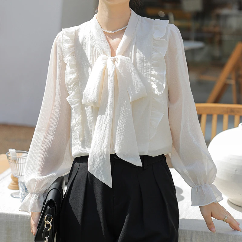 QOERLIN Bow Blouse Women Ruffles Sweet Korean Fashion Spring Tops Blouse Long Sleeve Flare Sleeve Button Up Shirts Beige S-XL