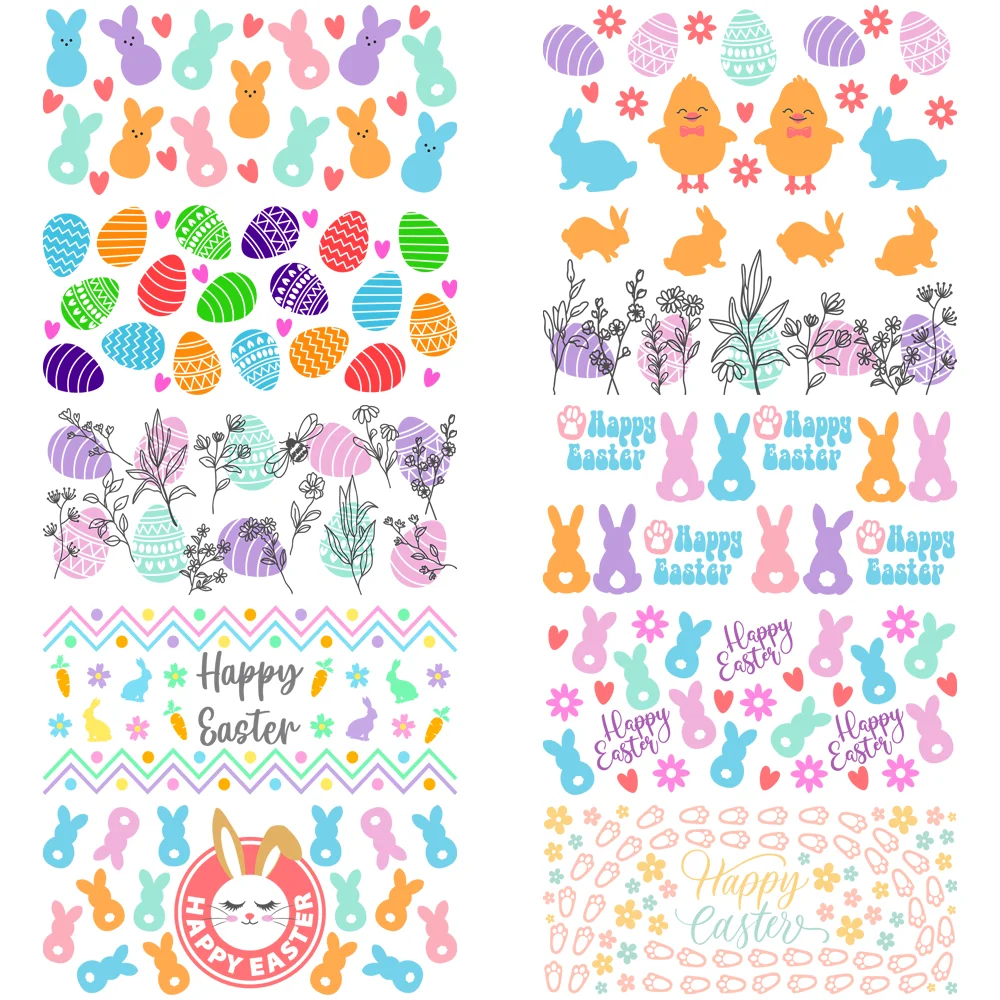Happy Easter Themed UV DTF Cup Wrap For 16oz Libbey Glass Plastic Can Wraps Comic Easter Bunny Eggs Pattern Transfer 3D Sticker