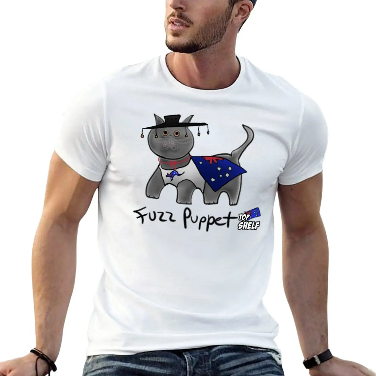 Футболка мужская с короткими рукавами, рубашка с принтом милого кота, пушистого марионета [Straya Edition], тренировочная одежда с животным принтом, черный цвет