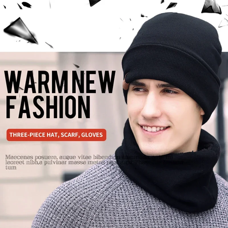 Winter Warm Hat Scarf Warm Scarf Hat Gloves Set Male Female Hat Scarf Set 3 Pcs Skullies Beanies