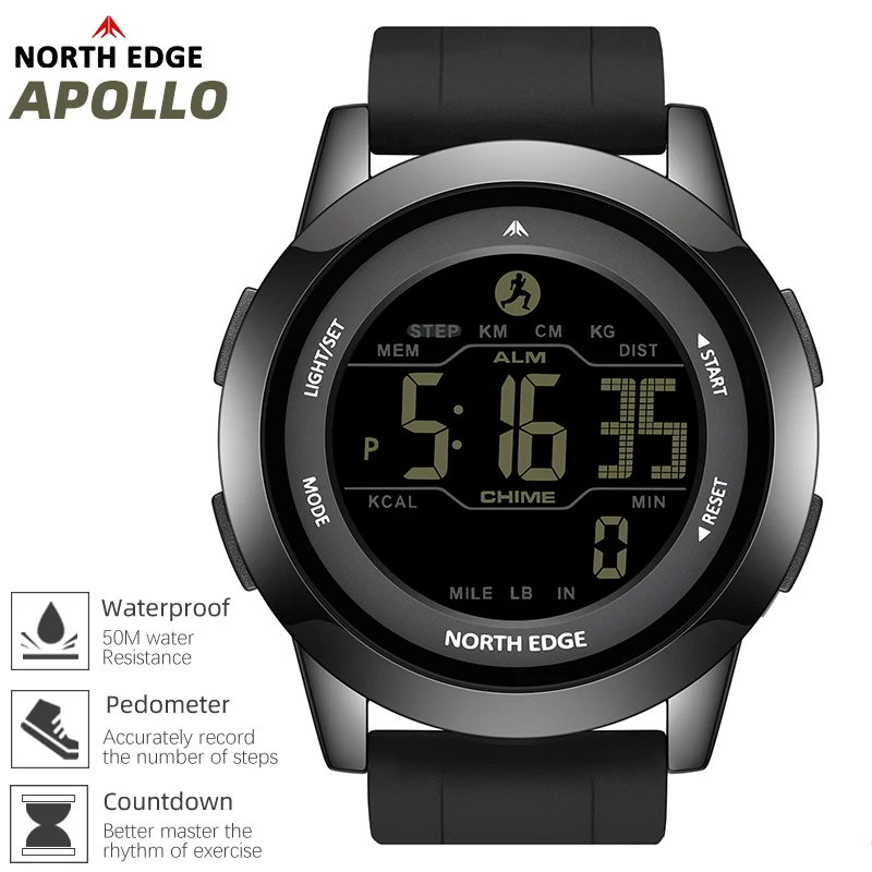 

NORTH EDGE 2025 НОВЫЕ мужские цифровые часы APOLLO, водонепроницаемые спортивные часы 50 м для мужчин, шагомер с двойным временем, будильник с обратным отсчетом