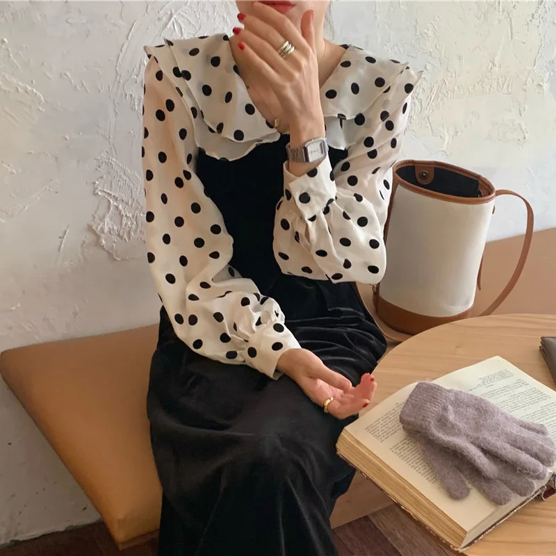 Ele Chic Gola Dupla Camada Polka Dot Veludo Bolha Sve Midi Dr Feminino Coreano Sle Cintura Solta Longo Sve Dr