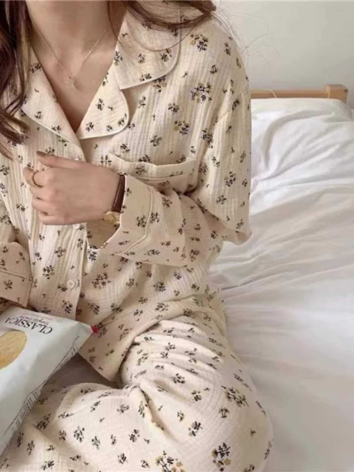 

Женские повседневные длинные брюки све, комплект пижамы, милая милая домашняя одежда, кардиган из двух предметов, сезон весна-осень