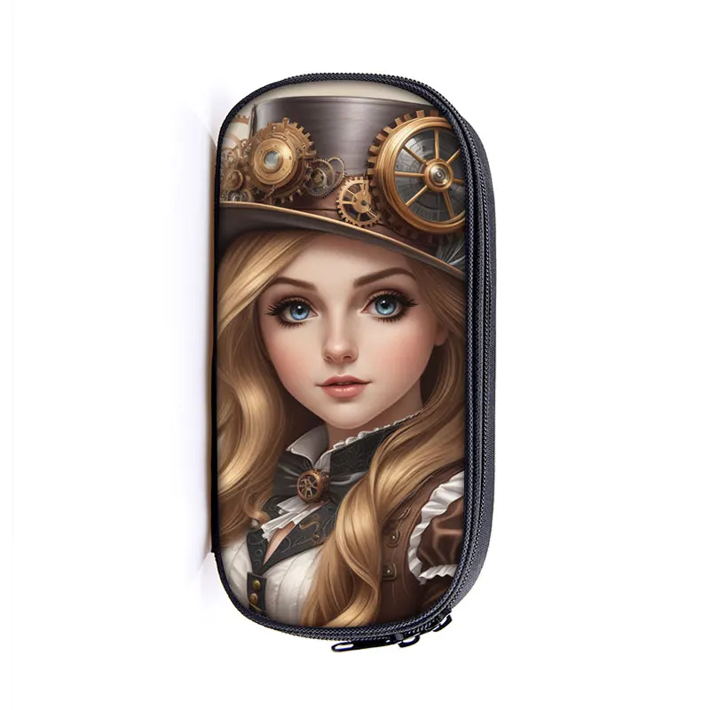 Cute Steampunk Girls Print Cosmetic Case Women Pencil Bags Stationary Bag Portable Student Pencil Box School Supplies Gift