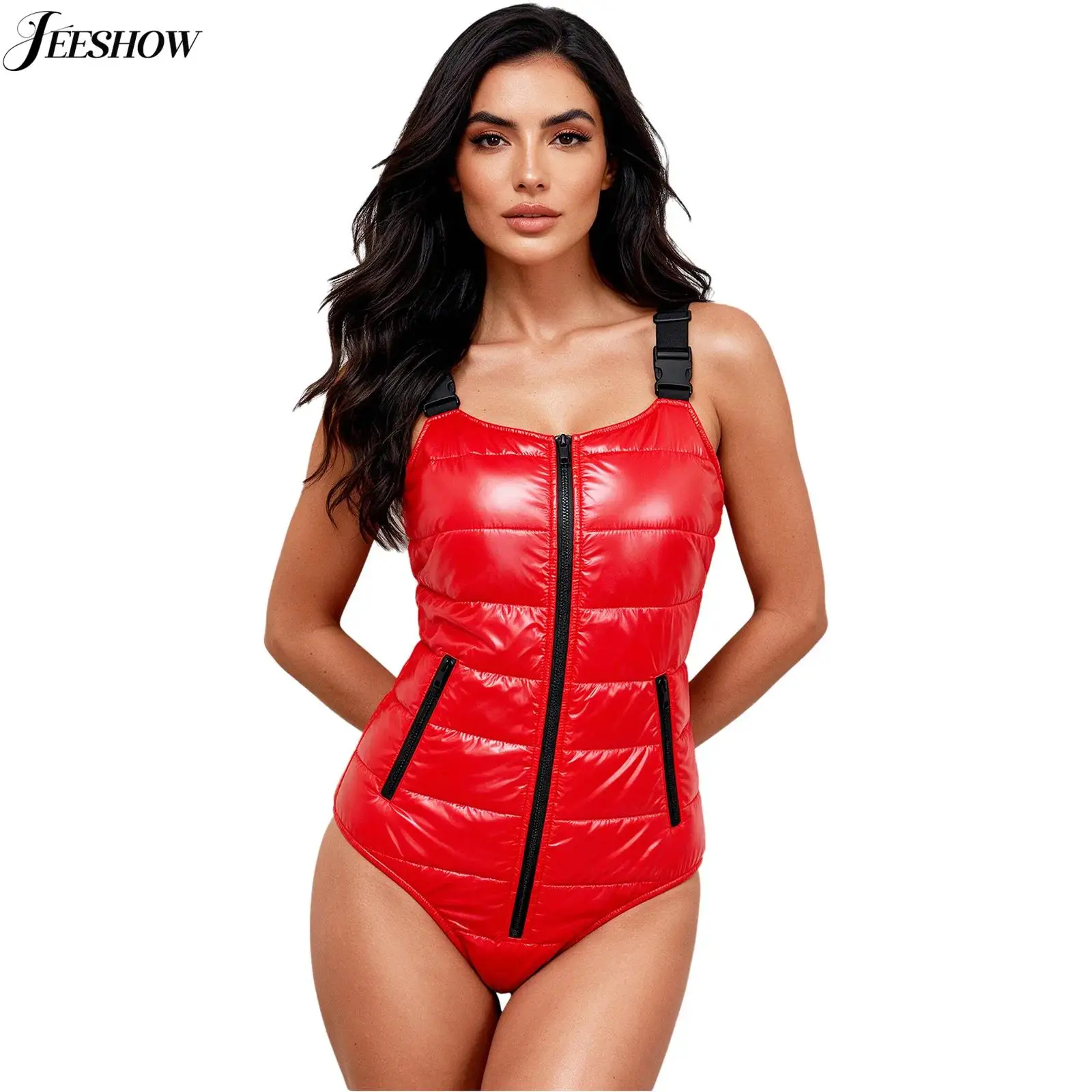 Womens Water Resistant Quilted Padded Bodysuit Solid Color Adjustable Buckle Straps Front Zipper Leotard with Pockets Jumpsuits