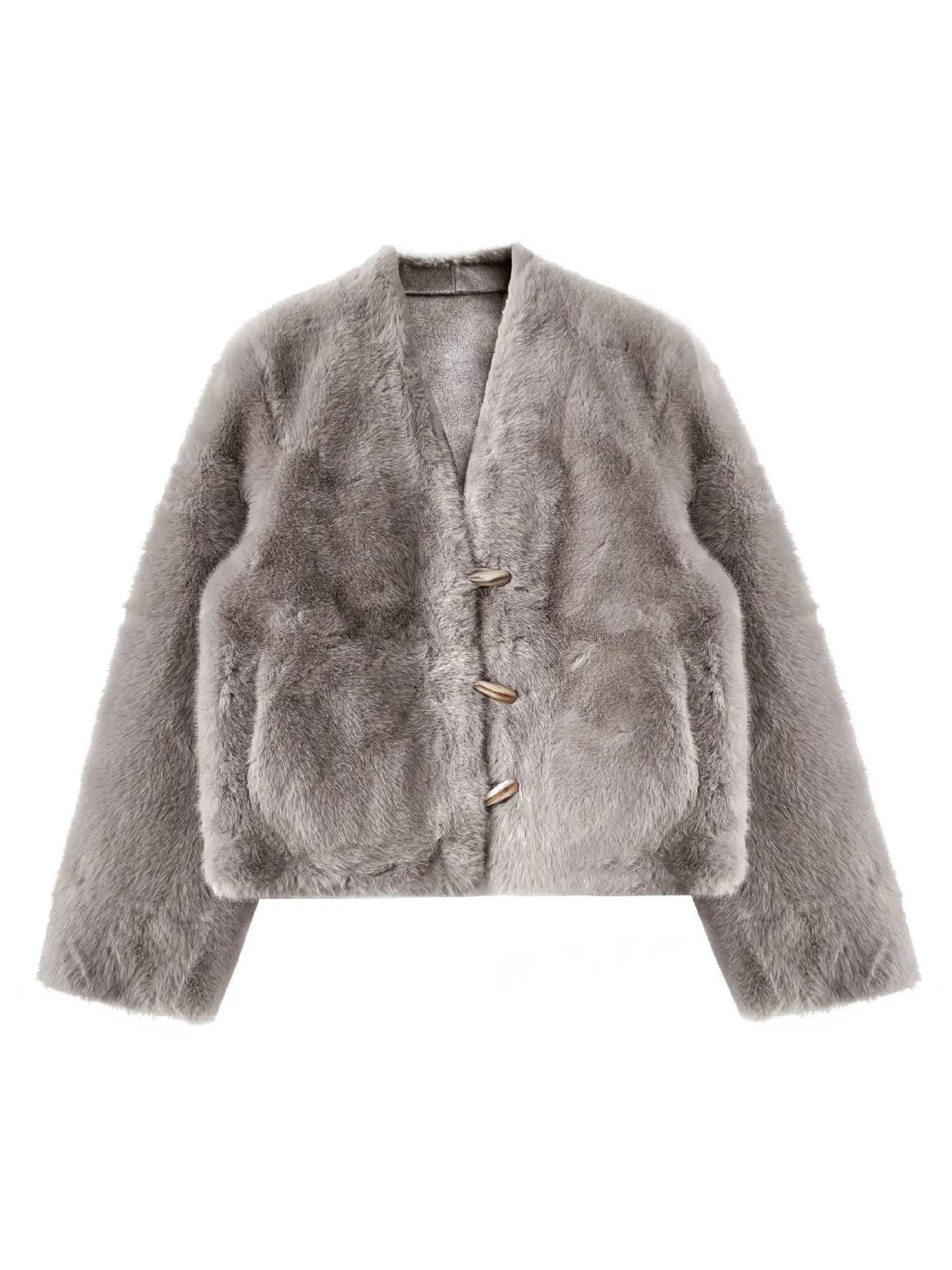A short eco-friendly fur coat for women in winter, with a V-neck and horn-button faux mink