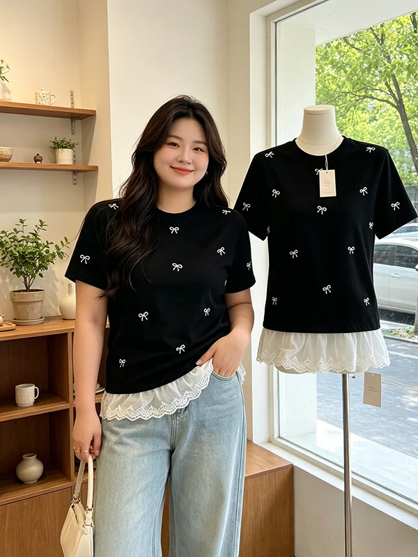 

plus Size Summer New Lace Hem Knot Rhinestone Shoulder Short Sleeve Women's T-shirt Slimming Concealing Top