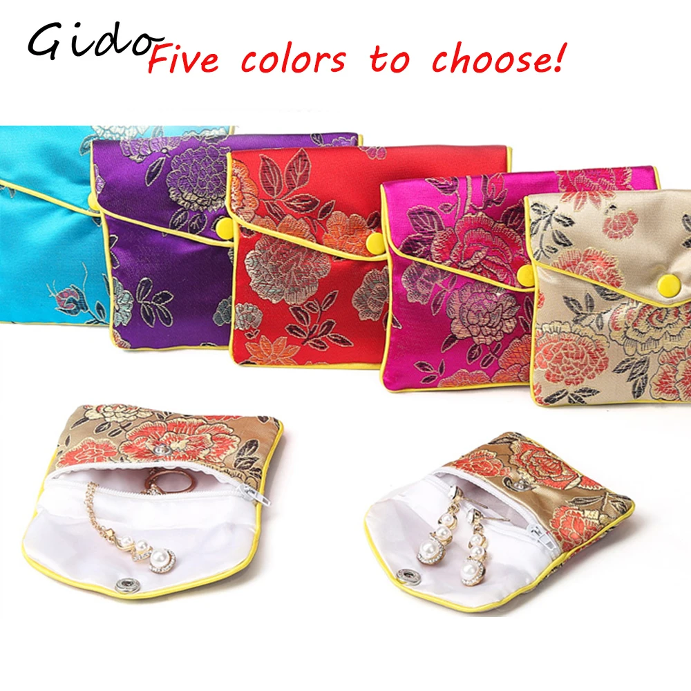 Chinese Brocade Handmade Silk Embroidery Padded Zipper Small Jewelry Gift Storage Pouch Bag Snap Case Satin Coin Purse Wholesale