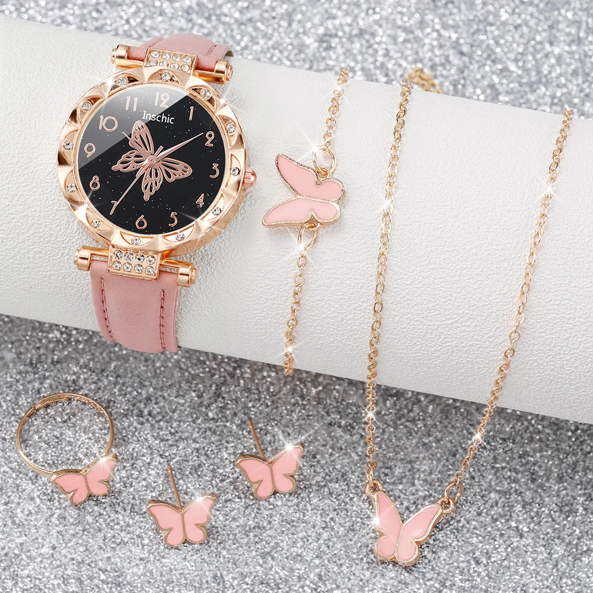 6PCS/Set Fashion Butterfly Dial Women's Watch Leather Band Quartz Watches Jewelry Set（Without Box）