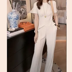 Pants two-piece women's summer new fashion suit irregular waist shirt coat semi-elastic waist wide leg straight tube pendant