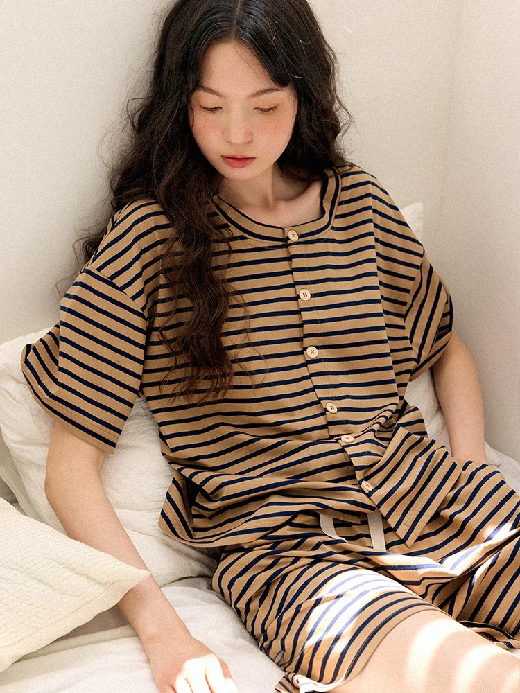 

Мягкий, приятный для кожи полосатый домашний комплект одежды: шорты и брюки с длинными рукавами, женский модный комплект NW522