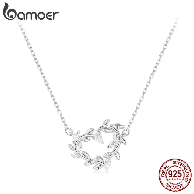 BAMOER White Gold Plated Infinite Love Necklace for Women, 925 Sterling Silver Leaves Heart Necklace BSN386