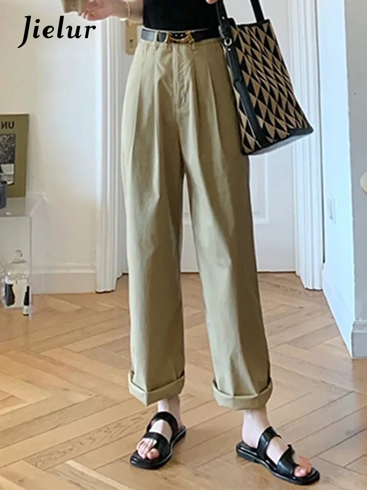 Jielur ارتفاع الخصر الأصفاد المستقيمة الإناث بنطال ذو قصة أرجل واسعة موضة بسيطة الأساسية ملابس العمل بلون الصيف الكاكي شيك سراويل نسائية
