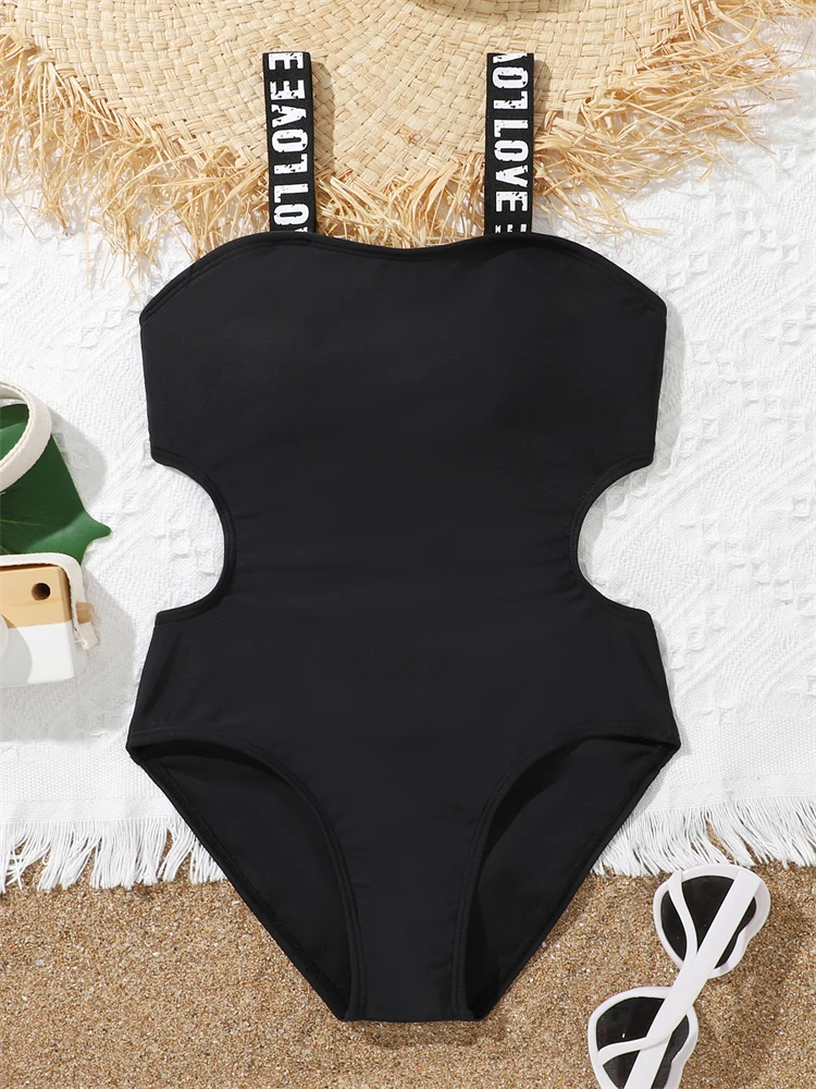 One Piece Girls Swimsuit 2024 New Black Sling Children Swimwear Hollow Out Bodysuit Bandeau Summer Kids Beach Wear Bathing Suit