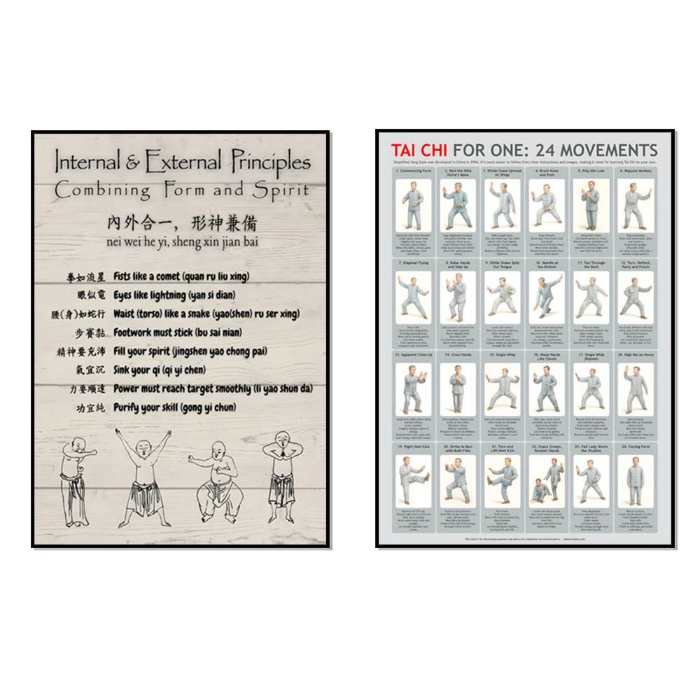 طباعة شاولين كونغ فو، ملصق تاي تشي، 24 نمط يانغ المبسط تاي تشي التوضيح جدار الفن قماش ديكور المنزل
