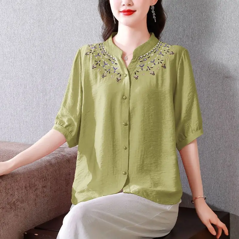 2024 Summer Artistic Retro Ethnic Style Fashion V-neck Embroidery Loose Casual Oversize Versatile Mid Sleeved Shirt for Women