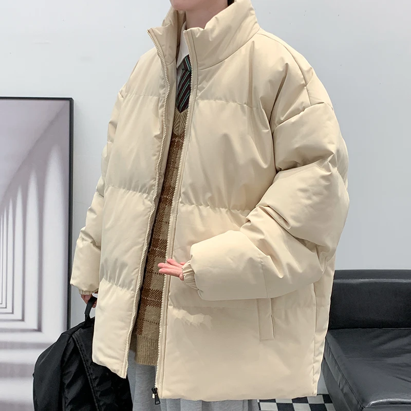 Jaqueta de parka monocromática com gola alta masculina, manga comprida, bolsos com zíper, casacos grossos soltos, moda casual, nova, outono, inverno, 2023