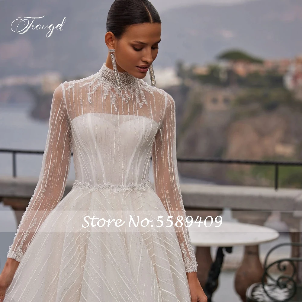 Traugel Elegant Illusion High Neck Long Sleeve A Line Wedding Dresses Luxury Appliques Beaded Court Train Vintage Bridal Gown