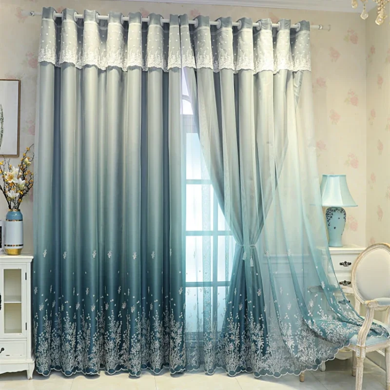 

Curtains Blackout Yarn One Full Set Curtains for Living Dining Room Bedroom with Rod Floor Standing Curtains Double Layers