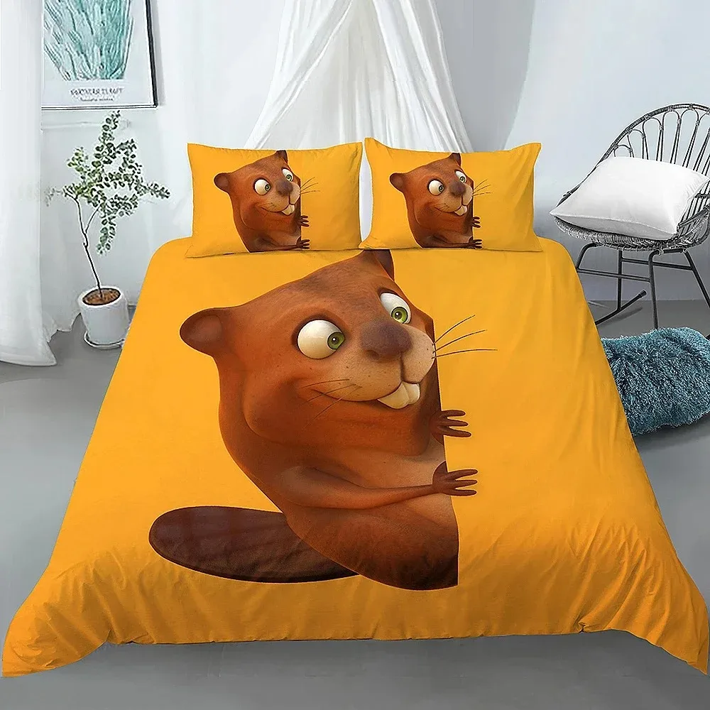 

Cartoon Beaver Duvet Cover King Queen Funny Lovely Animal Bedding Set Kids Girls Wildlife Polyester Comforter Cover Pillowcase