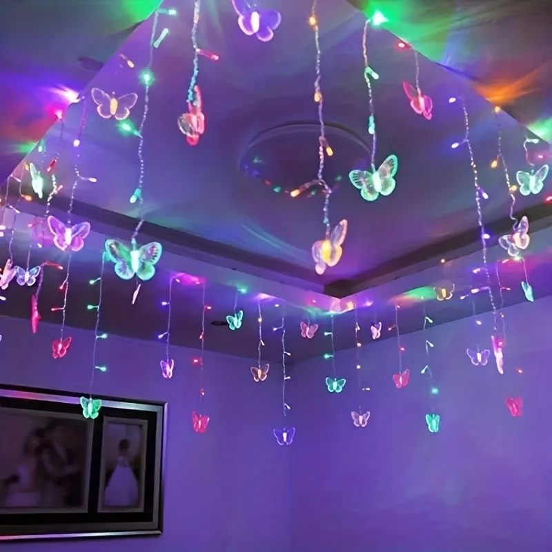 96 LED Butterfly Curtain String Lights 3.5m USB Powered with Remote Control 8 Modes for Home Bedroom Wedding Party Decoration