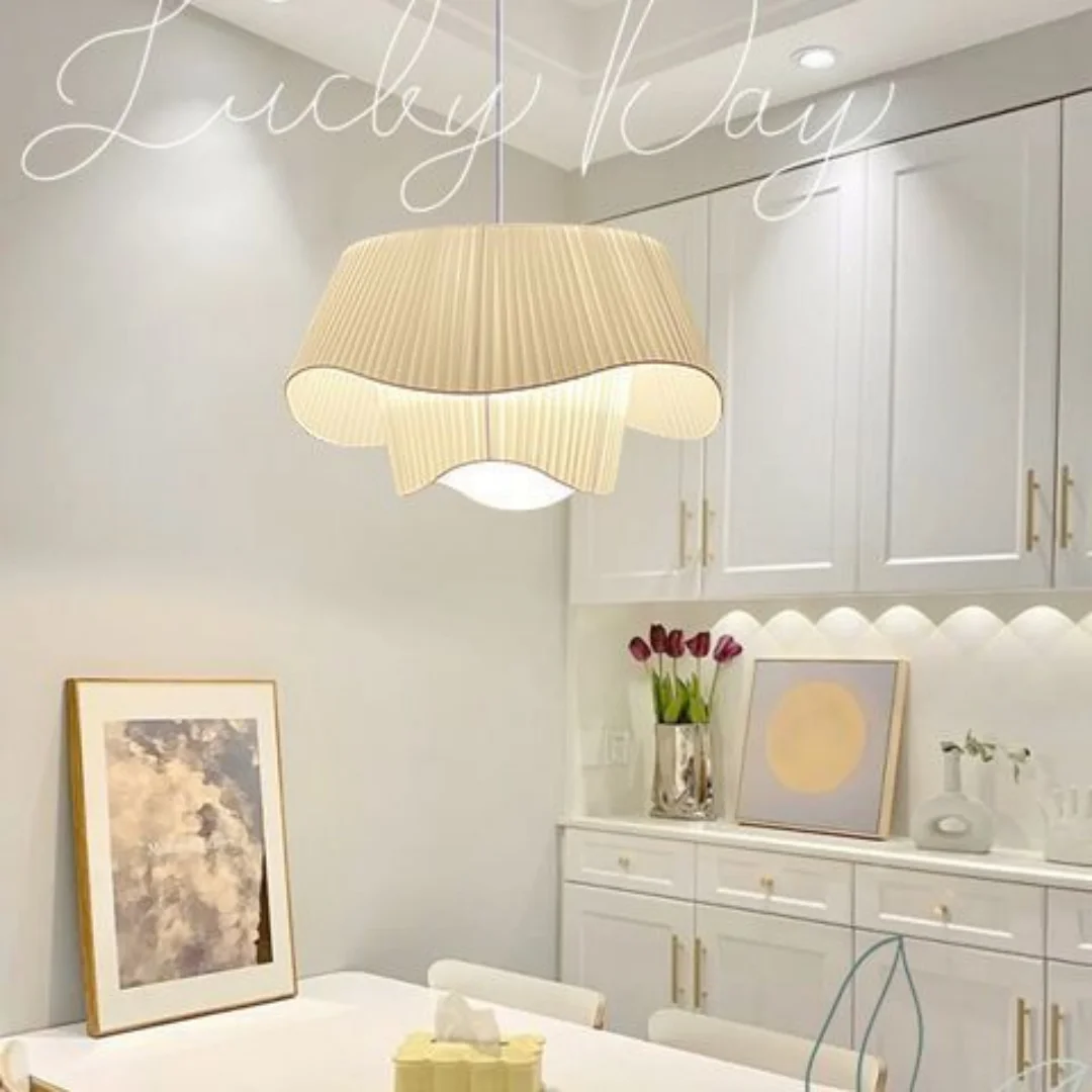 Nordic Designer Pleated Fabric LED Pendant Light Bedroom Chandelier Hanging Lighting for Living Dining Room Home Ceiling Decor