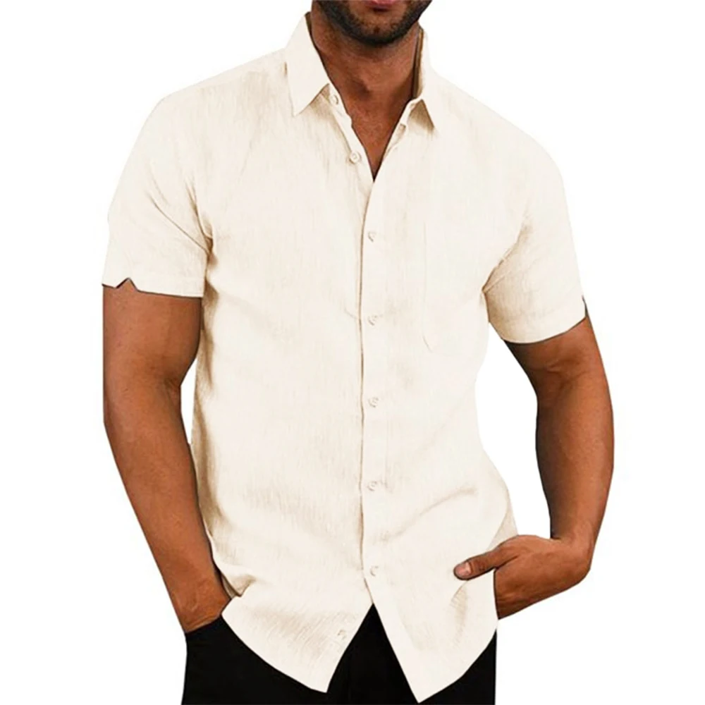 Cotton Linen Hot Sale Men\'s Short-Sleeved Shirts Summer Solid Color Turn-down collar Casual Beach Style Plus Size