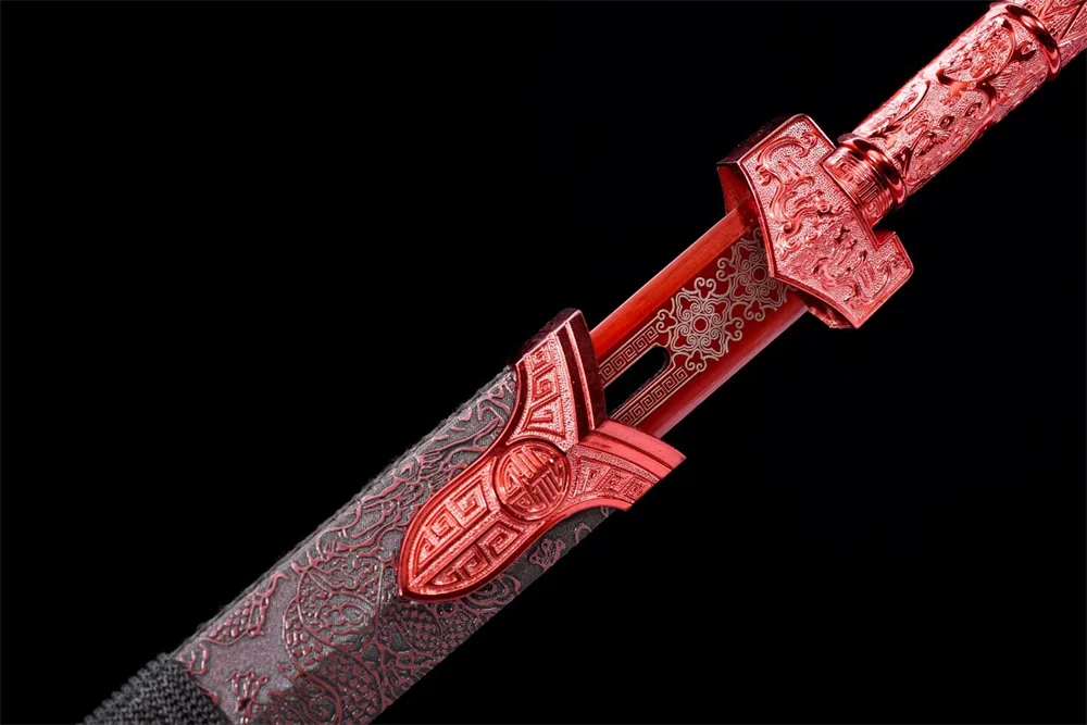 Beautiful Chinese Tradition Sword Kungfu Han-Jian Red High Manganese Steel Blade Leather Wrap Wood Sheath Full Tang - view 3