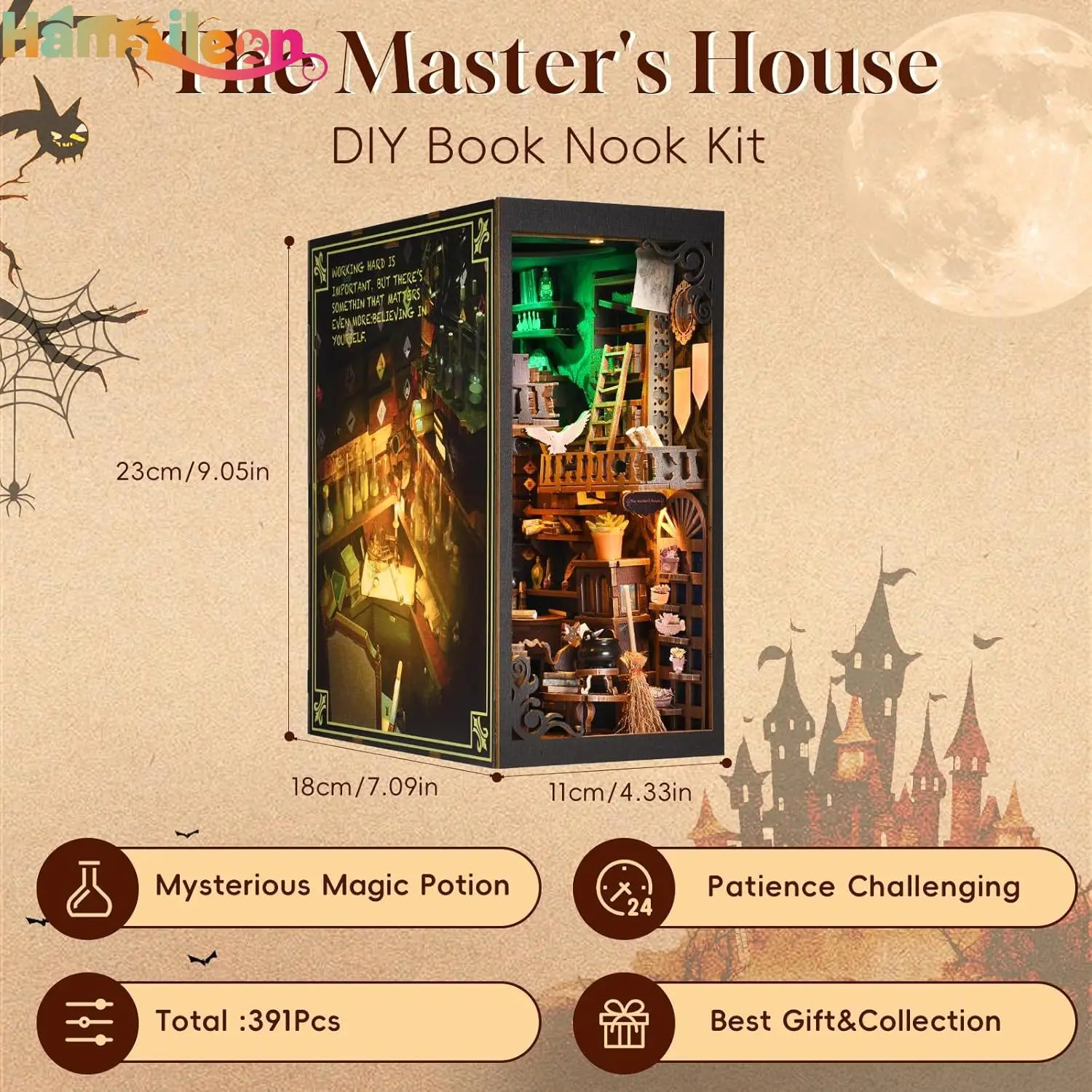 Hamaileon DIY ブックコーナーキット 3D 木製パズル DIY ミニチュアハウス 棚インサート装飾用 センサーライト付き (マスターハウス)