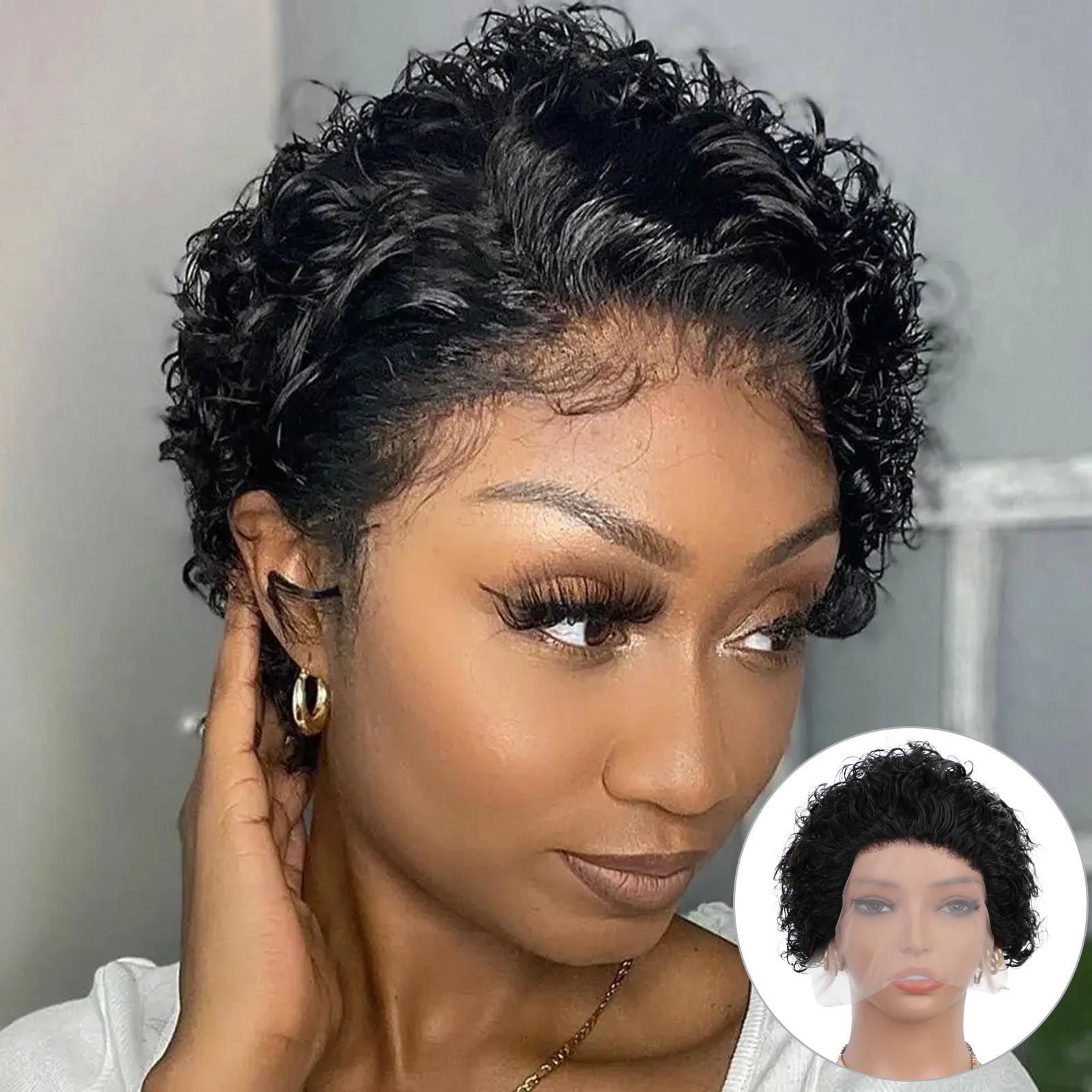 

Pixie Cut Kinky Curly Human Hair Wig Highlight P4/27 Short Curly Bob Wigs Pre Plucked 13x1 T Part Lace Frontal Wigs for Women