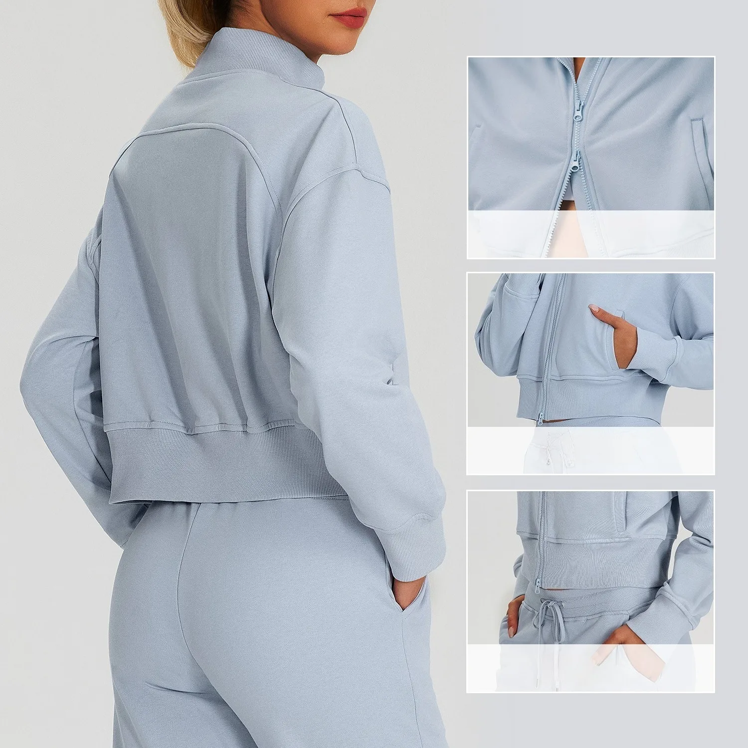 Women Short Stand Collar Yoga Jacket Zip Up Cardigan Casual Running Fitness Workout Activewear Top