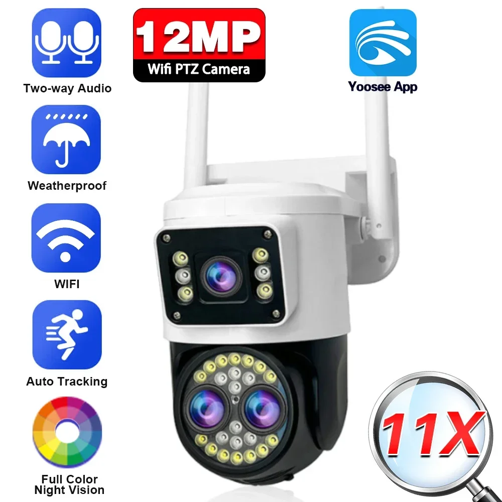 

12MP 6K WiFi IP Camera Outdoor PTZ Three Lens Dual Screens 11X Zoom Auto Tracking Human Waterproof 4K CCTV Security Protection