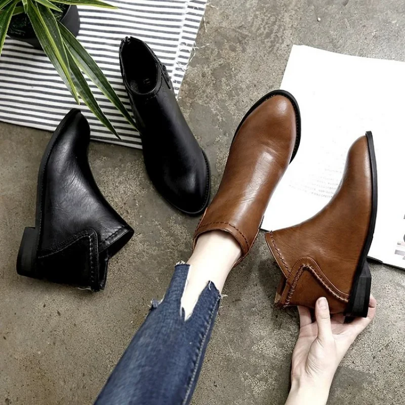 

Короткие сапоги в западном стиле, женские осенне-зимние ботинки с квадратным носком и круглым носком, молния сзади на толстом каблуке, на флисовой подкладке